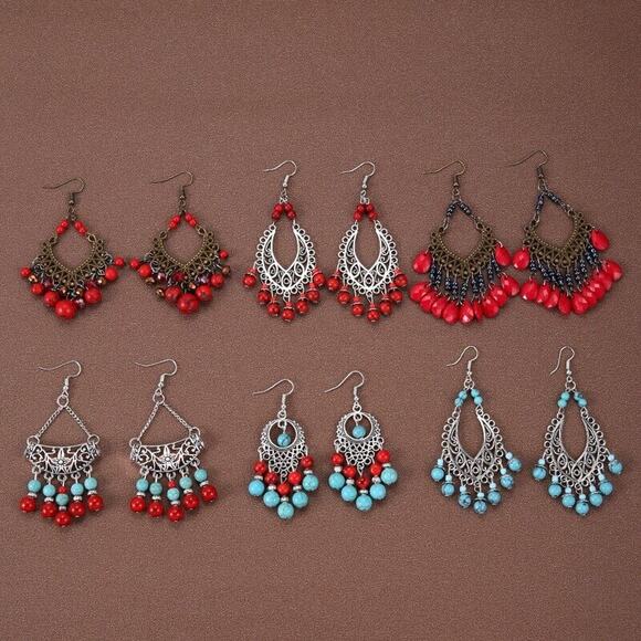 Ethnic Style Water Droplets Red Bead Hollow Alloy Turquoise Tassel Earrings Hook - Picture 10 of 10